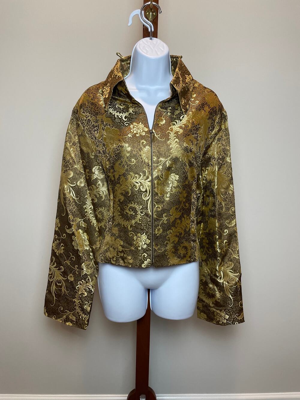 Hugo Buscati Brocade Jacket Size XL Gold Silk Blend Cropped Damask Zip